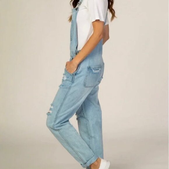 NWT Black Label light wash distressed women's overalls. Size S - Picture 2 of 15
